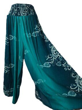 Festival Split Flare Leg Pants S M Harem Smocked Waist Teal Floral Paisley Beach